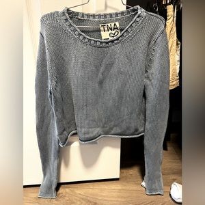 TNA distressed blue knit slightly cropped sweater